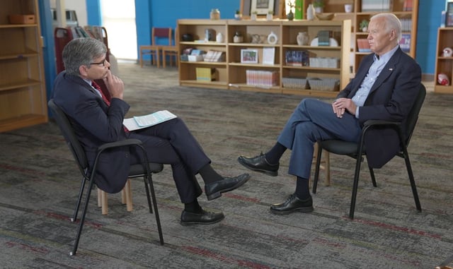 MADISON, WISONSIN - JULY 05: (EDITOR’S NOTE: This Handout image was provided by a third-party organization and may not adhere to Getty Images’ editorial policy.) In this handout photo provided by ABC, U.S. President Joe Biden speaks with 'This Week' anchor George Stephanopoulos on July 05, 2024 in Madison, Wisconsin. The president sat down with Stephanopoulos while on the campaign trail in Wisconsin, a few days after a debate with former President Donald Trump. (Photo by ABC via Getty Images)