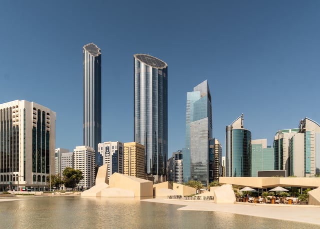 Abu Dhabi skyline with many modern skyscrapers in the UAE