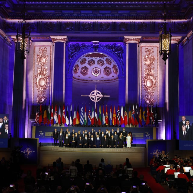 WASHINGTON, DC - JULY 9: Heads of state pose for a group photo during the NATO 75th anniversary celebratory event at the Andrew Mellon Auditorium on July 9, 2024 in Washington, DC. NATO leaders convene in Washington this week for its annual summit to discuss their future strategies and commitments, and mark the 75th anniversary of the alliance’s founding.