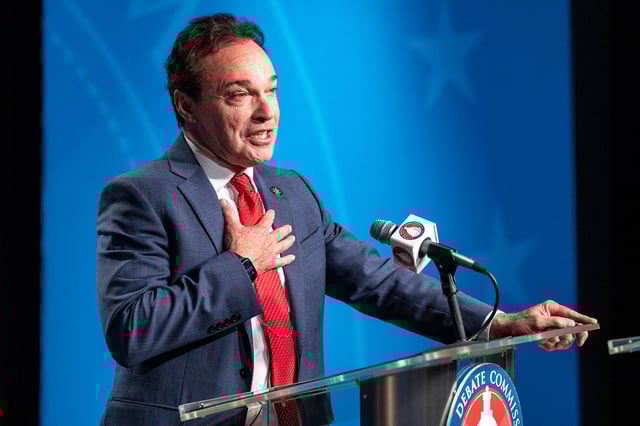 Frank Mylar answers questions during a media scrum after the attorney general GOP primary debate with Derek Brown and Rachel Terry, in Salt Lake City, on June 11, 2024.
