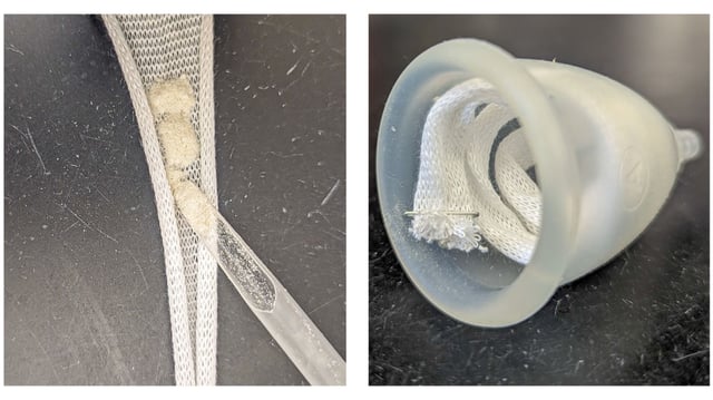 A cotton gauze stockinette coil that is filled with the powdered biomaterial (at left). The powder-filled coil is then inserted in a menstrual cup (at right).