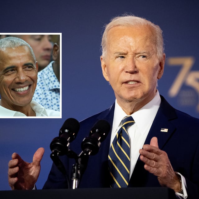 President Joe Biden at the Andrew Mellon Auditorium on July 9, 2024, in Washington, DC. Inset, former President Barack Obama at T-Mobile Arena on July 10, 2024, in Las Vegas, Nevada.