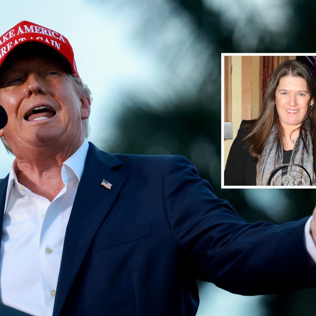 Former President Donald Trump speaks during his campaign rally at the Trump National Doral Golf Club on July 09, 2024, in Doral, Florida. Inset, Mary Trump attends Jim Owles Winter Pride Gala Award Ceremony at Hard Rock Cafe - Times Square on January 20, 2023, in New York City.