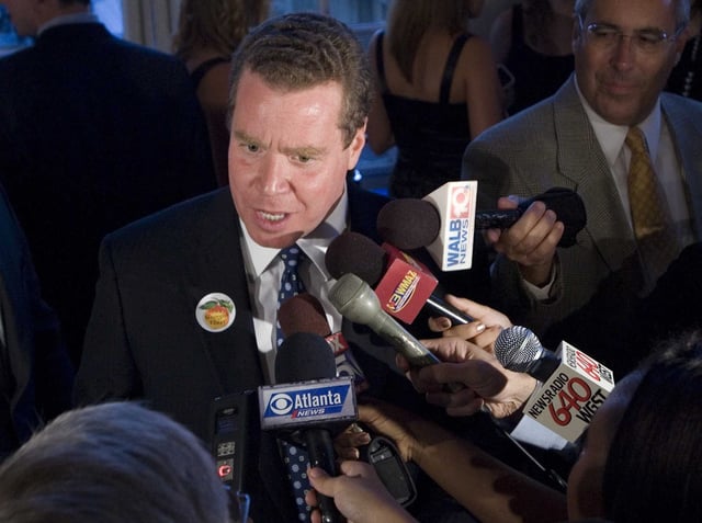 FILE - John Oxendine talks to reporters about his unsuccessful Republican bid for governor, July 20, 2010, in Atlanta. Oxendine, a former state insurance commissioner, was sentenced to three and a half years in prison on Friday, July 12, 2024, in federal court in Atlanta after pleading guilty in March 2024 to health care fraud in a kickback scheme.