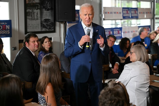 President Joe Biden speaks during a stop at the Garage Grill & Fuel Bar in Northville, Michigan, ahead of a campaign event in Detroit on July 12, 2024.