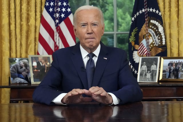 President Joe Biden addresses the nation from the Oval Office of the White House in Washington, Sunday, July 14, 2024, about the assassination attempt of Republican presidential candidate former President Donald Trump at a campaign rally in Pennsylvania. (Erin Schaff/The New York Times via AP, Pool)