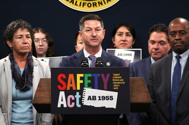 Assembly Member Chris Ward and members of the LGBTQ caucus announce a bill to ban school policies forcing teachers to out trans students to their parents on May 22 in Sacramento. Gov. Gavin Newsom signed the bill into law Monday.