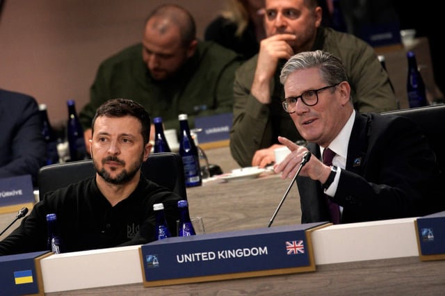 Ukrainian President Volodymyr Zelensky (left) and British Prime Minister Keir Starmer at the Nato summit in Washington, where Starmer conveyed Britain’s “serious commitment” to spending 2.5 per cent of its GDP on defence. Photo: TNS
