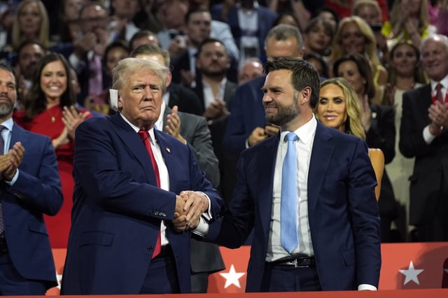 Republican presidential candidate former President Donald Trump and Republican vice presidential candidate Sen. J.D. Vance attend the first day of the Republican National Convention in Milwaukee, on July 15, 2024.