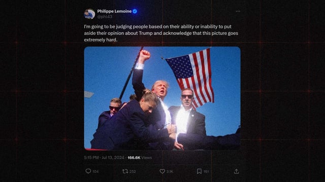 A tweet containing an image of Donald Trump bloodied and raising his fist as Secret Service ushers him off the stage in the wake of an assassination attempt