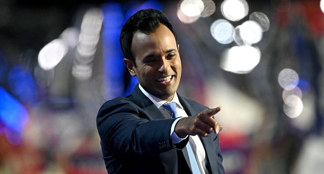 Businessman Vivek Ramaswamy addresses the Republican National Convention on Tuesday night in Milwaukee, Wisconsin. (Leon Neal/Getty Images)