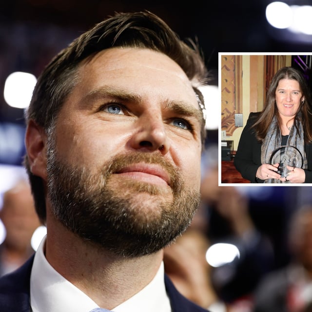Senator JD Vance, former President Donald Trump's 2024 running mate, is pictured at the Republican National Convention in Milwaukee, Wisconsin on July 15, 2024. Trump's estranged niece Mary Trump is featured in the inset image. Mary Trump warned women on Tuesday that Vance's abortion views could mean "the end of women’s reproductive rights and bodily autonomy" if Republicans win back the White House in November.