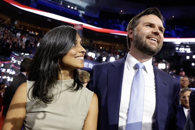 Sen. J.D. Vance (R-Ohio) and his wife Usha look on as he is nominated for the office of Vice President as Trump’s 2024 running mate on the first day of the Republican National Convention at the Fiserv Forum in Milwaukee, Wis., on July 15, 2024.