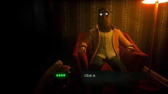 Masked man sits in the corner of a hotel room with text that reads "Click it," from Clickolding
