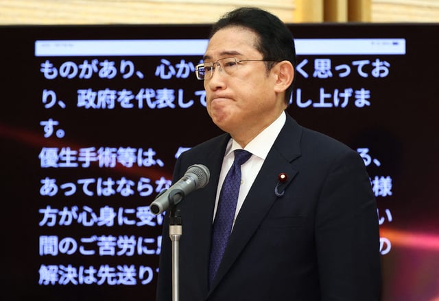 Prime Minister Fumio Kishida apologizes during a meeting with the plaintiffs and their supporters at his official residence in Tokyo on July 17, 2024.