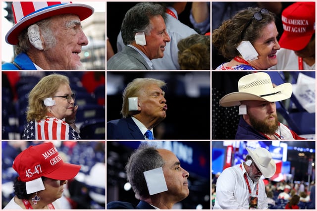 Republican presidential nominee and former U.S. President Donald Trump with a bandaged ear after he was injured in an assassination attempt, and supporters and attendees wearing bandages in tribute during the Republican National Convention.