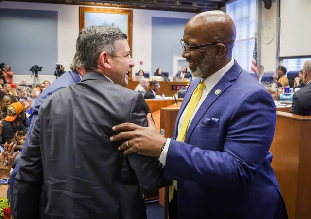 St. Petersburg Mayor Ken Welch, right, shares a moment with Tampa Bay Rays team president Matt Silverman after the City of St. Petersburg voted to approve the 12 agreements with the Rays and Hines that form a plan for a ballpark in the Historic Gas Plant District.