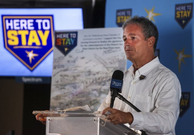 Tampa Bay Rays owner Stuart Sternberg addresses the audience during a Rays press conference in the Baldwin Group Club at Tropicana Field , Wednesday, July 17, 2024, in St. Petersburg, Fla. (Dirk Shadd/Tampa Bay Times via AP)