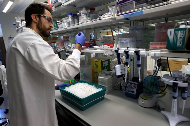 Cambridge, MA - May 14: Jon Arizti Sanz, PhD, Postdoctoral Fellow preparing for the extraction protocol while in the lab.The Broad institute, Sabeti Lab is testing purchased milk at area grocery stores for the presence of bird flu.