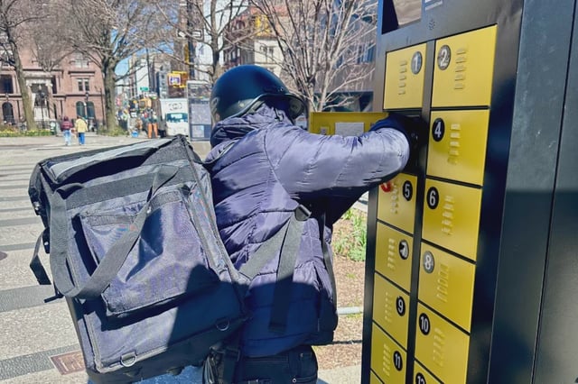 A delivery worker swaps out a battery earlier this year at the city’s first charging cabinet in Cooper Square, Manhattan.