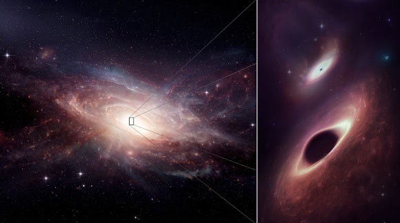This artist’s conception shows the galaxy merger and its two central black holes. Image credit: ALMA / ESO / NAOJ / NRAO / M. Weiss, NRAO, AUI & NSF.
