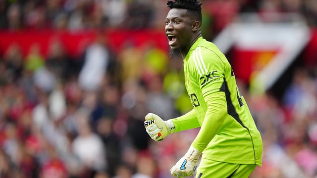 Manchester United's goalkeeper Andre Onana reacts during the English Premier League soccer match between Manchester United and Nottingham Forest at the Old Trafford stadium in Manchester, England, Saturday, Aug. 26, 2023. (AP Photo/Jon Super)