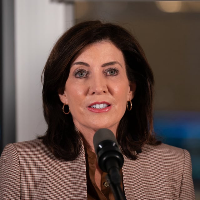 New York Governor Kathy Hochul speaks during a press conference on March 6, 2024 in New York City. The home of Hochul's former chief of staff was raided by the FBI on Tuesday.