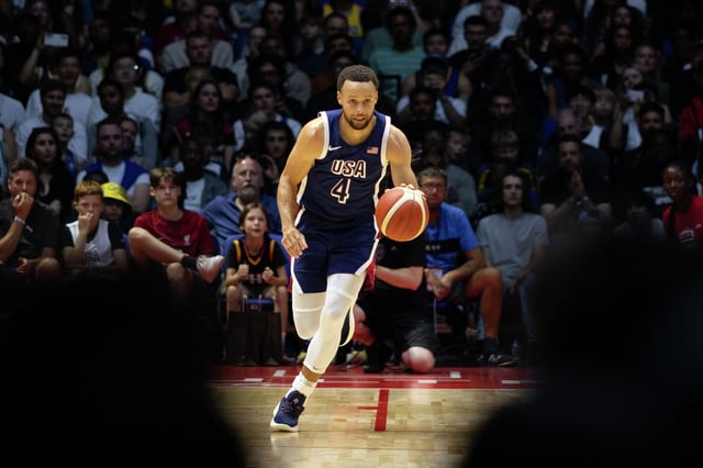 Stephen Curry of the United States in action during USA vs. South Sudan, USA Basketball showcase in preparation for the Paris Olympic Games at the O2 Arena on July 20, 2024, in London.