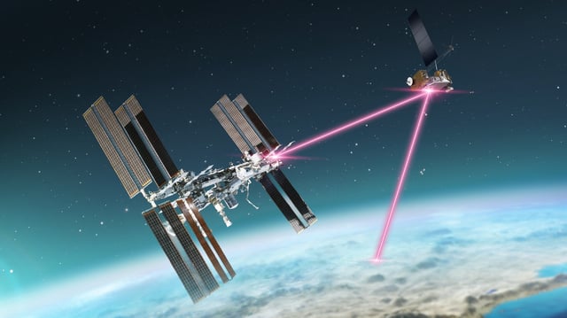 A graphic representation of a laser communications relay between the International Space Station, the Laser Communications Relay Demonstration spacecraft, and the Earth. Credit: NASA/Dave Ryan