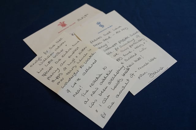 A series of handwritten letters sent by Diana, Princess of Wales, to housekeeper Violet Collison, which are going up for sale at Sworders Fine Art Auctioneers in Stansted Mountfitchet, Essex, on July 30, alongside Christmas cards from Diana and invitations to her wedding in 1981 and her 1997 funeral. Violet, who was affectionately known as Collie, was housekeeper at Park House on the Sandringham estate during Diana's childhood, and remained close to the Spencer family until her death in 2013. Picture date: Thursday July 25, 2024.