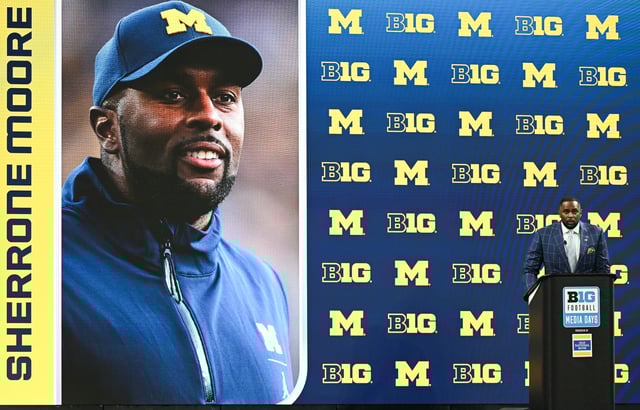 Michigan Wolverines head coach Sherrone Moore speaks to the media during Big Ten media days at Lucas Oil Stadium in Indianapolis on Thursday, July 25, 2024.