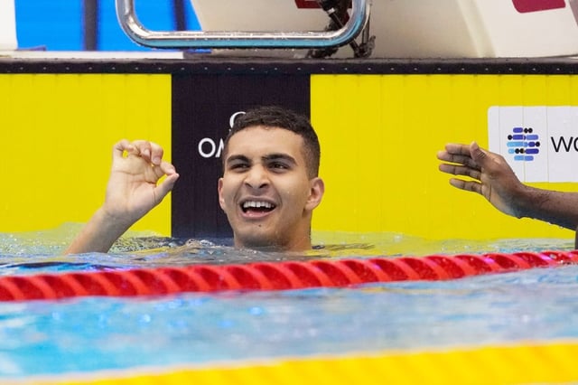 Celebration time for Paris-bound Yazan Al Bawwab, in action here at the 2023 World Swimming Championships. Photo: AP