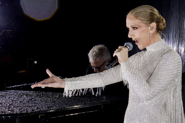 Celine Dion performing at the Eiffel Tower during the opening ceremony for the 2024 Summer Olympics in Paris on July 26, 2024.