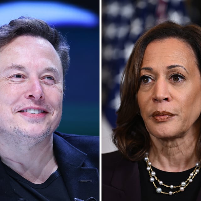 From left, Billionaire Elon Musk at the Cannes Lions International Festival Of Creativity 2024 on June 19, 2024, in Cannes, France. Vice President Kamala Harris speaks to reporters in the Eisenhower Executive Office Building on July 25, 2024, in Washington, DC.