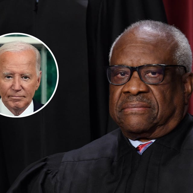 President Joe Biden concludes his address to the nation from the Oval Office of the White House on July 24, 2024 in Washington, DC. Associate US Supreme Court Justice Clarence Thomas poses for the official photo at the Supreme Court in Washington, DC on October 7, 2022. On Monday, John Yoo, who clerked for Thomas, dismissed Biden's Supreme Court plan as a not "real promise" because it would take so long to implement.