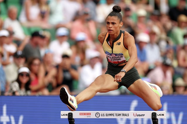 Sydney McLaughlin-Levrone competes in the women's 400-meter hurdles semifinal during the 2024 U.S. Olympic Team Track & Field Trials at Hayward Field on June 29, 2024, in Eugene, Ore. 