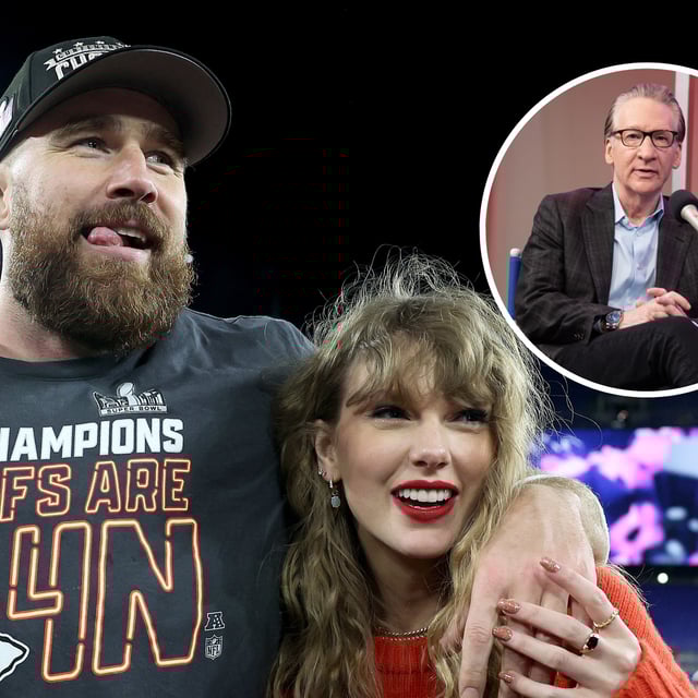 Travis Kelce, #87 of the Kansas City Chiefs, celebrates with Taylor Swift after a 17-10 victory against the Baltimore Ravens in the AFC Championship Game at M&T Bank Stadium on January 28, 2024 in Baltimore, Maryland. Bill Maher visits "The Megyn Kelly Show" at the SiriusXM Studios on May 20, 2024 in New York City. Maher recently said on his "Club Random" podcast that Kelce and Swift will break up.