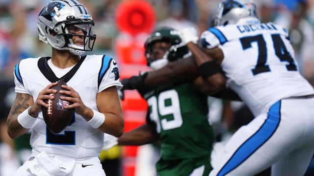 Carolina Panthers quarterback Matt Corral (2) works in the pocket against the New York Jets during the first half of an NFL preseason football game, Saturday, Aug. 12, 2023, in Charlotte, N.C. (AP Photo/Jacob Kupferman)