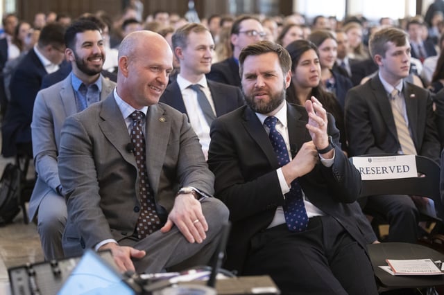 Heritage Foundation President Kevin Roberts and Ohio Sen. J.D. Vance at Catholic University in Washington, D.C., on May 17, 2023.