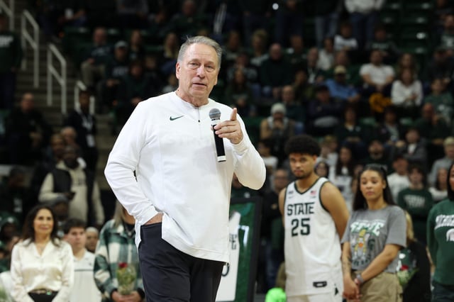 Head coach Tom Izzo of the Michigan State Spartans talks to the fans during senior day festivities following a game between the Michigan State Spartans and the Ohio State Buckeyes at Breslin Center on March 4, 2023 in East Lansing, Michigan.