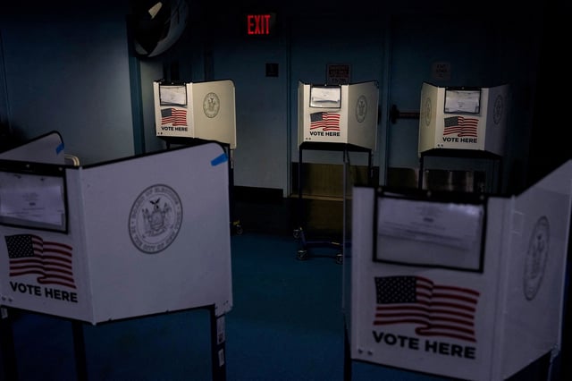 A view of voting booths at a polling station in the Brooklyn borough of New York City, April 2, 2024.