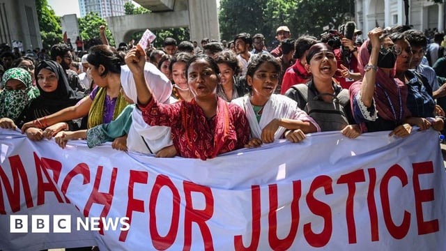 People shout slogans during a protest march outside the High Court building demanding justice for the victims arrested and killed in the recent countrywide violence in Dhaka on July 31, 2024