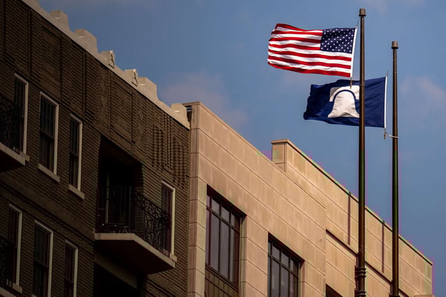 The Heritage Foundation flag flies over the building on July 30, 2024, in Washington, D.C.