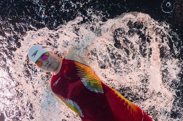 China's Zhang Yufei competes in a heat of the women's 200-meter butterfly swimming event during the Paris 2024 Olympic Games on July 31.