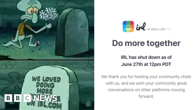 The website of IRL - featuring a charcater laying flowers on a grave as they are sad at the passing of the social media company