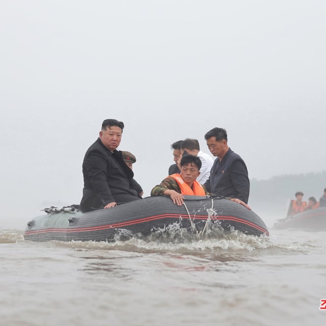 An image released by North Korean state-run media on July 31, showing North Korean leader Kim Jong-un inspecting flood-hit areas in Sinuiju. According Rodong Sinmun, Kim said that he will “strictly punish" the region's officials, who "severely neglected their responsible duties" in responding to the floods.