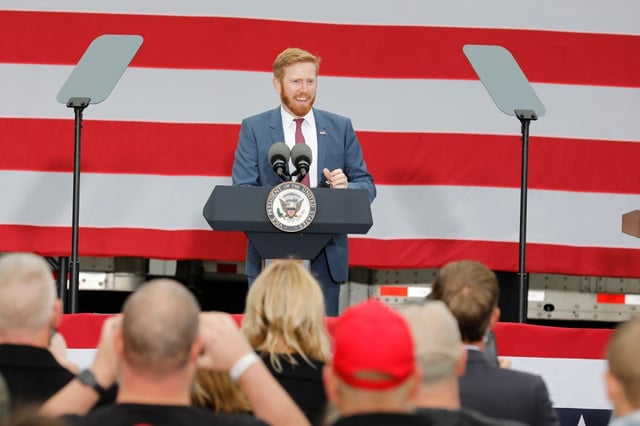 Republican congressional candidate in the 3rd district Peter Meijer introduces US Vice President Mike Pence at a campaign event at Lacks Enterprises, Inc. in Grand Rapids, Michigan, on October 14, 2020.