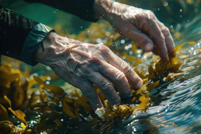 Hands gathering seaweed in the sea sustainable harvesting