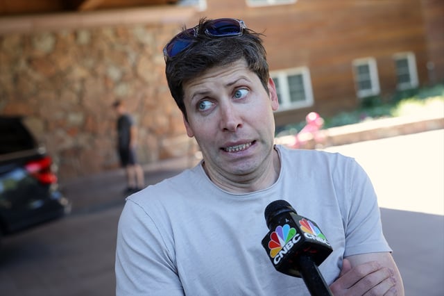 Sam Altman, CEO of OpenAI, speaks to the media as he arrives at the Sun Valley Lodge for the Allen & Company Sun Valley Conference on July 11, 2023. Photo by Kevin Dietsch/Getty Images
