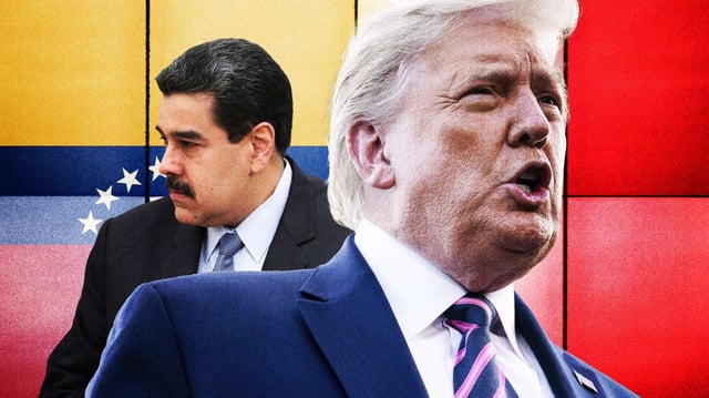 Venezuelan President Nicolás Maduro and former U.S. President Donald Trump, in front of a Venezuelan flag.